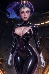 2d ai_generated big_breasts boob_window cleavage curvy latex league69 long_hair purple_eyes purple_hair purple_skin rick_and_morty supernova_(rick_and_morty) thick_thighs