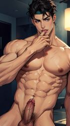 ai_generated erection jojo's_bizarre_adventure jotaro_kujo licking_finger male male_only muscular_male nude_male penis solo stardust_crusaders