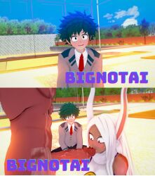 1girls 2boys 2koma 3d before_oral bignotai dark-skinned_female dark-skinned_male koikatsu midoriya_izuku mirko miruko my_hero_academia netorare rumi_usagiyama self_upload