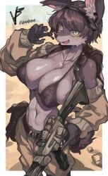 1girls animal_ear animal_ears animal_humanoid animal_tail bare_belly bare_stomach belt big_breasts bra breasts dog dog_ear dog_ears dog_girl dog_tail ears eyebrows_visible_through_hair female female_humanoid female_only female_soldier furry furry_breasts furry_ears furry_female furry_only furry_tail green_eye green_eyes green_eyes_female gun holding holding_gun holding_object holding_weapon hourglass_figure huge_breast humanoid humanoid_hands iparuputsua large_breasts massive_breasts military navel necklace no_humans non-human only_female open_mouth soldier tail weapon weapons woman