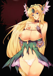 blonde_hair blue_eyes blush bondage breast_clinging breast_squeeze breasts cleavage collar cuffs dress elbow_gloves female female_only gloves hairband head_wings headgear helmet hips human kodai_heiki large_breasts leash long_hair nipples oldweapon panties riesz seiken_densetsu seiken_densetsu_3 slave solo torn_clothes underwear very_long_hair wide_hips winged_helmet