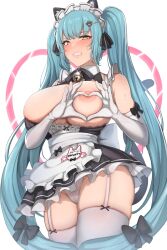 1girls angry aqua_hair areolae bare_shoulders bell_choker blue_hair blush breasts cat_ears cat_tail character_name choker clenched_teeth elbow_gloves embarrassed fake_animal_ears fake_tail female female_only frills garter_straps gloves goddess_of_victory:_nikke hair_ornament headwear heart heart-shaped_boob_challenge hi_res horny lace-trimmed_panties large_breasts long_hair looking_at_viewer maid maid_apron maid_headdress miniskirt name_tag nipples one_breast_out panties panty_peek pantyshot pantyshot_(standing) privaty_(nikke) privaty_(unkind_maid)_(nikke) ruberule sidelocks simple_background skirt stockings sweat teeth thighhighs twintails underwear upskirt white_background white_gloves white_legwear white_panties yellow_eyes