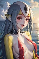 1girls ai_generated blue_submarine_no._6 breasts female grey_hair humanoid long_hair looking_at_viewer marine monster_girl mutio navel ocean open_mouth pointy_ears red_eyes water yellow_skin