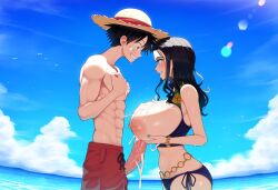 ai_generated bikini bikini_bottom bikini_top dreson female huge_breasts male monkey_d_luffy nico_robin nipples one_piece paizuri pre-timeskip straight straw_hat