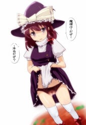 black_panties blush censored check_translation cosplay female female_only human hyudora marisa_kirisame marisa_kirisame_(cosplay) panties pussy_juice reimu_hakurei skirt skirt_lift solo standing thighhighs touhou translated underwear wet_panties