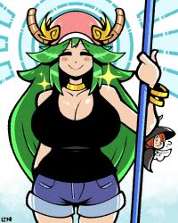 1girls big_breasts cosplay curvy green_hair huge_breasts kid_icarus kid_icarus_uprising large_breasts legendofnerd lucoa lucoa_(cosplay) miss_kobayashi's_dragon_maid nintendo palutena quetzalcoatl_(dragon_maid) shorts solo thighs wide_hips