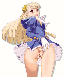 1girls ass blonde_hair bottomless bun_cover capcom capcom_fighting_evolution capcom_fighting_jam censored double_bun dress female gloves hair_ornament hairpods highres hou_(hachiyou) ingrid_(capcom) long_hair looking_back miniskirt no_legwear no_panties pussy red_eyes skirt spread_anus spread_pussy white_gloves white_hair