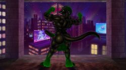 absurd_res anthro ass balls big_balls big_butt big_penis billboard building city cityscape flexing genitals haze hi_res hooves looking_back male male_only muscular muscular_male night penis pose rear_view silversketch smile thick_thighs