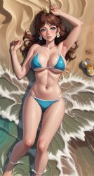 ai_generated beach bikini blue_ blue_eyes breasts brown_hair crown earrings from_above laying_down laying_in_water laying_on_back laying_on_ground laying_on_sand long_hair mario_(series) nintendo ocean princess_daisy royalty