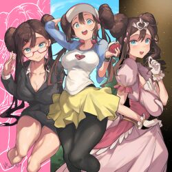 1girls :d absurdres alternate_costume arm_support arm_up bare_thighs bespectacled big_breasts black_jacket black_pantyhose black_skirt blue_eye blue_eyes blue_eyes_female bow breasts brown_eyebrows brown_eyelashes brown_hair brown_hair_female buttons cleavage closed_mouth collarbone collared_shirt commentary_request creatures_(company) double_bun doughnut_hair_bun dress eyelashes female female_human female_only game_freak glasses glove gloves hair_between_eyes hair_bun hair_buns hair_ornament hairclip hairclips hand_up highres holding holding_object holding_poke_ball hourglass_figure huge_breast iparuputsua jacket knees large_breasts long_hair long_hair_female long_hair_male looking_at_viewer massive_breasts mouth_closed nintendo no_sex office_clothing office_lady officer one_arm_up only_female open_mouth pantyhose pantyhose_under_shorts pink_bow pink_dress pink_ribbon pointy_chin poke_ball poke_ball_(basic) pokeball pokemon pokemon_bw2 pokemon_trainer pokestar_studios princess princess_dress raglan_sleeves red-framed_eyewear red_glasses ribbon ribbons rosa_(pokemon) shirt shorts simple_background skirt smile solo teeth thick_thighs thighs tongue trainer twintails upper_teeth_only visor_cap white_background white_glove white_gloves white_shirt woman yellow_shorts yellow_skirt