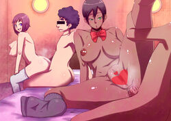 2boys 2girls anal bed black_hair black_socks bowtie breasts censored clitoris dark_skin female footwear green_eyes group_sex happy_sex heart highres identity_censor inverted_nipples knee_socks kneehighs kneesocks leg_lift locketmonkey looking_back male multiple_boys multiple_girls nipples nude orgy original pointless_censoring puffy_nipples purple_eyes purple_hair pussy pussy_juice sex short_hair smile socks spread_legs sweat thigh_socks thighhighs upright_straddle urethra white_socks