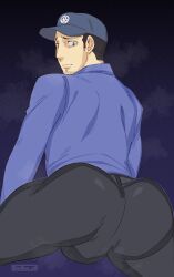 ass ass_focus baseball_cap bulge_through_clothing clothed dasblue_in goatee iori_junpei junpei_iori male_focus male_only p3 persona_3