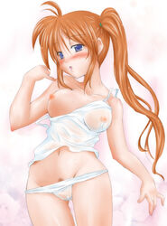 blush breasts cameltoe colored highres large_breasts long_hair lyrical_nanoha mahou_shoujo_lyrical_nanoha mahou_shoujo_lyrical_nanoha_strikers nipples no_bra panties pubic_hair see-through shinozuki_takumi side_ponytail straight_hair sweat takamachi_nanoha uncensored underwear wet