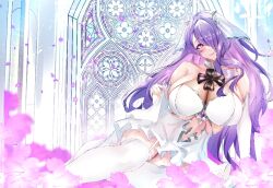 1girls alternate_costume bare_shoulders breasts bridal_gauntlets bridal_veil bride camilla_(fire_emblem) cleavage closed_mouth commission dress female female female_only fire_emblem fire_emblem_fates garter_straps gem gotou_fundoshi hair_over_one_eye highres huge_breasts long_hair nintendo purple_eyes purple_gemstone purple_hair purple_petals see-through see-through_cleavage skeb_commission smile solo stained_glass thighhighs veil white_bridal_gauntlets white_dress white_garter_straps white_thighhighs