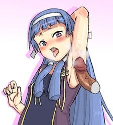 1boy 1girls arm_up armpits blue_hair blush censored clothed clothing cum cum_on_armpit cum_on_body cum_on_upper_body disembodied_penis hair_tubes kannagi long_hair magic_penis nagi penis purple_eyes seritsumi straight_hair tongue veins veiny_penis white_background