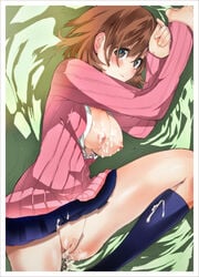 after_sex blood blush breasts brown_eyes brown_hair cum cum_inside cum_on_body cum_on_breasts cum_on_lower_body cum_on_upper_body cumdrip earrings female footwear highres jewelry kneehighs leg_lift leg_raise lying nina_(pixiv) nipples no_panties on_side open_clothes open_shirt persona persona_3 pubic_hair pussy school_uniform shirt short_hair skirt socks solo sweater tears uncensored vaginal_blood virgin virginal_blood yukari_takeba