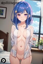 ai_generated arms_behind_back bangs bed blue_hair blush breasts censored closed_mouth cloud collarbone collared_shirt cowboy_shot curtains day dress_shirt female hair_ornament indoors long_sleeves looking_at_viewer maha_(ansatsu_kizoku) medium_breasts medium_hair naked_shirt navel no_bra open_clothes open_shirt pikkiwynn pillow plant purple_eyes pussy see-through sekai_saik?_no_ansatsusha_isekai_kizoku_ni_tensei_suru shirt sky smile solo standing star_(symbol) star_hair_ornament stomach the_worlds_finest_assassin_gets_reincarnated_in_another_world_as_an_aristocrat white_shirt window