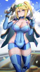 1girls 2024 alternate_costume blonde_hair blue_eyes blush breasts burnt_green_tea cleavage female female_only gun highres large_breasts light-skinned_female light_skin metroid nintendo ponytail race_queen samus_aran solo stockings sunglasses sunglasses_on_head thighhighs zero_suit zero_suit_samus