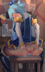 2girls aqua_(konosuba) ass ass_focus ass_grab ass_up blue_eyes blue_hair blush female female_only flashing in_public kono_subarashii_sekai_ni_shukufuku_wo! looking_away looking_down megumin multiple_girls partially_clothed shirabe_shiki solo_focus spread_anus spread_butt spreading spreading_cheeks taped_pussy upskirt