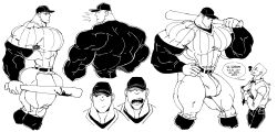 2boys baseball_uniform bulge elsen_(off) eyeless eyeless_male flaccid hyper hyper_balls hyper_muscles hyper_pecs looking_down male male_only monochrome muscular muscular_male nervous off_(game) remert the_batter unrealistic_proportions