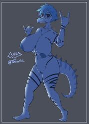 2024 5_fingers 5_toes absurd_res anthro areola artist_name baryonyx big_areola big_breasts blue_body blue_border blue_hair blue_highlights blue_scales body_tattoo border breasts claws curvy_figure devil_horns_(gesture) digital_drawing_(artwork) digital_media_(artwork) dinosaur eyelashes feet female finger_claws fingers genitals gesture goodbye_volcano_high grey_background grey_eyes hair hi_res highlights_(coloring) huge_breasts jewelry long_tail looking_at_viewer mtf_crossgender necklace nick_(gvh) nipple_piercing nipples nude piercing pussy reptile rule_63 scales scalie short_hair signature simple_background smile snoot_game snout solo spiked_tail spikes spikes_(anatomy) spinosaurid tail tattoo theropod theumslayer toes voluptuous wide_hips