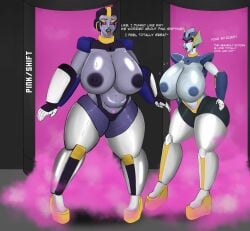 2girls big_boobs big_breasts black_nipples blue_nipples breasts busty fan_character female multiple_girls nipples nsfwblaster oc original_character pink_eyes robot robot_girl robot_humanoid tits tongue tongue_out transformers