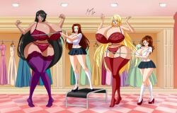 2023 4girls amazon blonde_hair bra breast_envy breasts brown_hair cleavage diana_(cat_cris) female female_only glasses height_difference high_heels huge_breasts lingerie long_hair measuring_tape original original_character panties shinta-girl size_difference store thick_thighs veronica_de_liz wide_hips