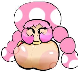 1girls big_breasts big_nipples black_eyes breasts cubesmolly female female_only humanoid light-skinned_female light_skin mario_(series) mushroom mushroom_humanoid nintendo nipples no_nose pigtails pink_hair red_vest solo toadette upper_body vest white_background