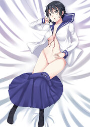 1girls black_eyes black_hair female kaeru_no_ashi lying navel on_back original pointy_chin school_uniform serafuku short_hair skirt solo straight_hair uncensored