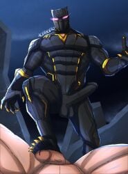 5_fingers acekhoexo arm_down armor balls big_penis black_balls black_body black_glans black_markings black_panther_(marvel) black_panther_(marvel_rivals) black_penis clawed_feet clawed_fingers clawed_hands claws digital_media_(artwork) dominant dominant_male erection faceless_male gay glans golden_markings helmet highres humanoid looking_at_viewer low_angle male male_only marvel marvel_comics marvel_rivals masked masked_men muscular muscular_male nude nude_male penis purple_eyes signature step_pose stepped_on stepping_on_penis superhero warrior yaoi yellow_markings