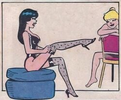 2girls archie_comics betty_cooper black_hair blonde_hair breasts duo duo_female female female_only females_only high_heels lingerie stockings veronica_lodge