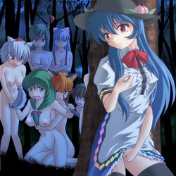 animal_ears between_legs black_legwear black_thighhighs blue_hair bow braid breasts brown_eyes brown_hair cat_ears chen clothed_female_nude_female erect_nipples ex-keine female female_only femdom food fruit fujiwara_no_mokou fur furry_ears furry_tail gangbang green_eyes green_hair hair_ribbon hairbow hat horn_ribbon horns kagiyama_hina keine_kamishirasawa long_hair masturbation momiji_inubashiri mouse_tail multiple_girls nazrin nipple_tweak nipples nude orgy peach_(fruit) red_eyes red_hair ribbon rin_kaenbyou short_hair silver_hair suspenders tail tail_between_legs tenshi_hinanawi thighhighs tokin_hat touhou uncensored voyeurism wancozow wolf_ear wolf_tail yuri