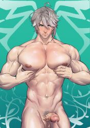 1boy abs alhaitham_(genshin_impact) bara bara_tiddies bara_tits big_breasts big_pecs big_penis blue_hair busty daddy erection genshin_impact grabbing_own_chest hands_on_own_chest hands_on_pecs huge_pecs human human_only light-skinned_male light_skin looking_away male male_breasts male_chest male_focus male_only manboobs moob_grab moobs muscles muscular muscular_male naked nipples nude nude_male pale-skinned_male pale_skin pec_grab pecs pectoral_grab penis precum precum_drip presenting serious_look silver_hair silver_pubic_hair solo solo_focus solo_male turquoise_background turquoise_eyes undressing veiny_muscles veiny_penis wallyandpeeps
