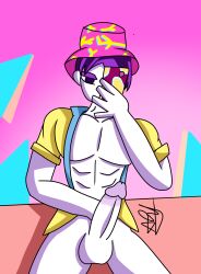 abs big_balls big_dick big_penis bucket_hat clothing cum cum_shot dick genitals jacket just_dance mellow_(just_dance) phone purple_eyes purple_hair showing_penis skinny toony