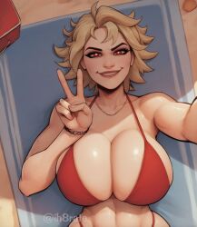 ai_generated beach beach_towel big_breasts bikini blonde_hair breasts cleavage facing_viewer fortnite fortnite:_battle_royale heart-shaped_pupils ih8rate joni_(fortnite) joni_the_red joni_the_red_(fortnite) necklace peace_sign photoshop selfie smile smiling_at_viewer stable_diffusion staring_at_viewer