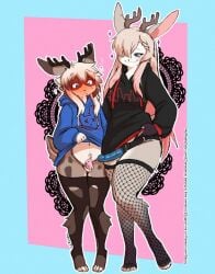 antlers aster_faye blush bunny_ears chastity_cage chastity_device dominant_female femboy fishnets girly hoodie imminent_pegging lagomorph long_hair ripped_clothing saucy size_comparison size_difference strap-on strapon submissive_male thick_thighs