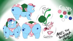 absurd_res ass axel_the_bulbasur balls bandana big_butt bulbasaur bulge clothing detailed_bulge feral front_view generation_1_pokemon genitals hat headgear headwear hi_res kerchief male model_sheet nintendo panties pink_clothing pink_panties pink_underwear plant pokemon pokemon_(species) polka_dot_panties rear_view side_view solo tepigfan101 underwear vines