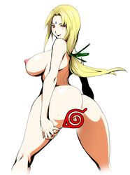 ass back blonde_hair blush breasts censored curvy facial_mark female female_only forehead_mark from_behind hair_ribbon huge_ass huge_breasts human konkitto large_breasts leg_grab lipstick long_hair looking_back makeup naruto naruto_(series) naughty_face nipples novelty_censor nude ponytail red_eyes ribbon shonen_jump shounen_jump shueisha sideboob smile solo standing straight_hair sweat tied_hair tsunade weekly_shonen_jump weekly_shounen_jump