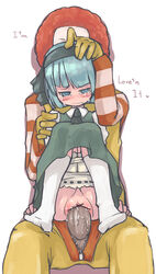 1girls blue_eyes blush censored clothed_sex clothing clown clown_boy clown_makeup dress fat_mons female female_on_top hair hairband hand_on_head huge_cock insertion knee_socks kneehighs knees_together_feet_apart kneesocks large_insertion male masha mcdonald's panty_pull penetration penis pussy rape ronald_mcdonald sex short_hair silver_hair socks straight_hair tears touhou vaginal_penetration white_background white_socks youmu_konpaku