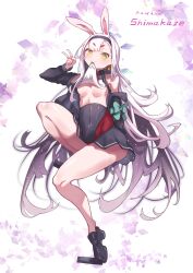 1girls animal_ear animal_ears azur_lane bare_shoulder bare_shoulders bare_thighs black_pupils black_shoes boobs breasts eyebrows_visible_through_hair female female_only hourglass_figure iparuputsua legs long_hair long_hair_female mature mature_female navel_visible_through_clothes no_bra only_female rabbit_ear rabbit_ears red_eyebrows shimakaze_(azur_lane) shoes simple_background small_boobs small_breasts small_tits thick_legs thick_thighs thighs tits v_sign white_hair white_hair_female woman yellow_eye yellow_eyes yellow_eyes_female