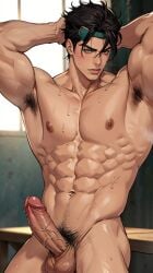 1boy ai_generated armpit_hair armpits erection jojo's_bizarre_adventure jotaro_kujo male male_only muscular_male nude_male penis pubic_hair stardust_crusaders sweat sweaty_body sweaty_chest testicles veiny_penis