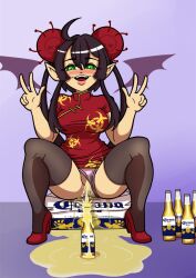 1girls beer black_hair bottle chinese_clothes corona corona_chan coronavirus covid-19_pandemic covid_19 demon_girl green_eyes high_heels kyosourade long_hair peace_sign peeing pointy_ears sitting smiling snowmantofu stockings urination urine v_sign