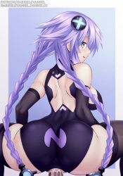 1boy 1girls ass big_ass big_breasts blue_eyes bodysuit braid breasts busty cowgirl_position cum cum_in_pussy ejaculation fat_ass female gabriel_evangel horny large_breasts legs licking_lips looking_at_viewer looking_back looking_pleasured male naughty_face neptunia_(series) orgasm pov purple_hair purple_heart_(neptunia) reverse_cowgirl_position riding sex sex_from_behind sideboob smile straddling tagme thick_thighs thighs tongue tongue_out twin_braids vaginal_penetration