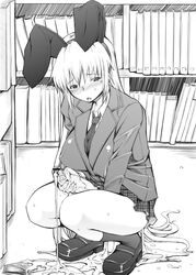 1futa blazer blush breasts bunny_ear cum foreskin futa_only futanari huge_breasts intersex long_hair monochrome necktie original original_character penis red-rum skirt solo solo_futa squatting tagme unretracted_foreskin