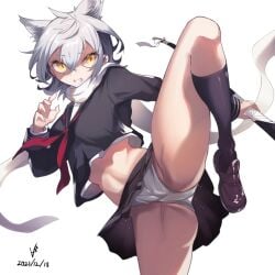 1girls absurdres alternate_version animal_ears artist_signature azur_lane bare_belly bare_stomach bare_thighs big_breasts black_shirt black_skirt black_socks breasts brown_footwear brown_loafers clenched_teeth commentary_request crossed_bangs dated eipelppa eyelashes eyelashes_visible_through_hair eyes_visible_through_hair female female_only grimace hair_between_eyes highres holding holding_katana holding_object holding_sword holding_weapon huge_breast iepelppa iparuputsua ipelppa katana kick kicking large_breasts leg_up loafers long_scarf long_sleeves massive_breasts maya_(azur_lane) midriff neckerchief open_mouth panties pantyshot peeping pleated_skirt pointy_chin red_neckerchief sailor_collar scarf school_uniform serafuku shaded_face sheath sheathed shirt shoes silver_hair simple_background skirt small_breasts socks solo stomach sword teeth teeth_clenched thighs underwear v-shaped_eyebrows weapon weapons white_background white_eyebrows white_eyelashes white_hair white_hair_female white_panties white_scarf wolf_ears woman yellow_eye yellow_eyes yellow_eyes_female