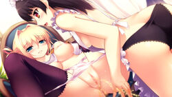 apron ass black_hair black_panties blonde_hair breasts censored female highres kazakura maid_headdress multiple_girls nipples orange_eyes original panties peeing pussy spread_pussy thighhighs underwear yuri