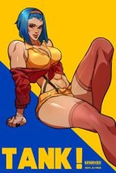 1girls 2d 2d_(artwork) abs blizzard_entertainment blue_hair cleavage cosplay cowboy_bebop faye_valentine faye_valentine_(cosplay) female female_focus female_only junker_queen light-skinned_female light_skin looking_at_viewer muscular muscular_female no_sex overwatch overwatch_2 pierced_lip piercing pinup randgris red_eyes sitting stockings text thick_thighs thighs toned toned_female