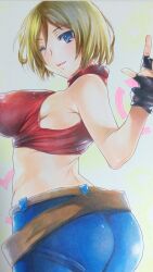 1girls ass big_ass big_breasts blonde_hair blue_eyes blue_mary breasts busty denim fat_ass fatal_fury female female_only fingerless_gloves from_behind gloves highres jeans king_of_fighters large_breasts looking_at_viewer looking_back midriff one_eye_closed pants pink_lips seductive_smile sensual short_hair sideboob sleeveless smile snk tagme traditional_media wink