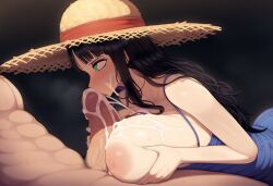 ai_generated cum dreson female female_focus huge_breasts male monkey_d_luffy nico_robin nipples one_piece paizufella paizuri pre-timeskip straight straw_hat