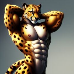 abs ai_generated arms_behind_back athletic athletic_male biceps big_cat cheetah felid feline felis furry muscular nipples pecs pinup seductive sir_danny spots spotted_body spotted_fur tail